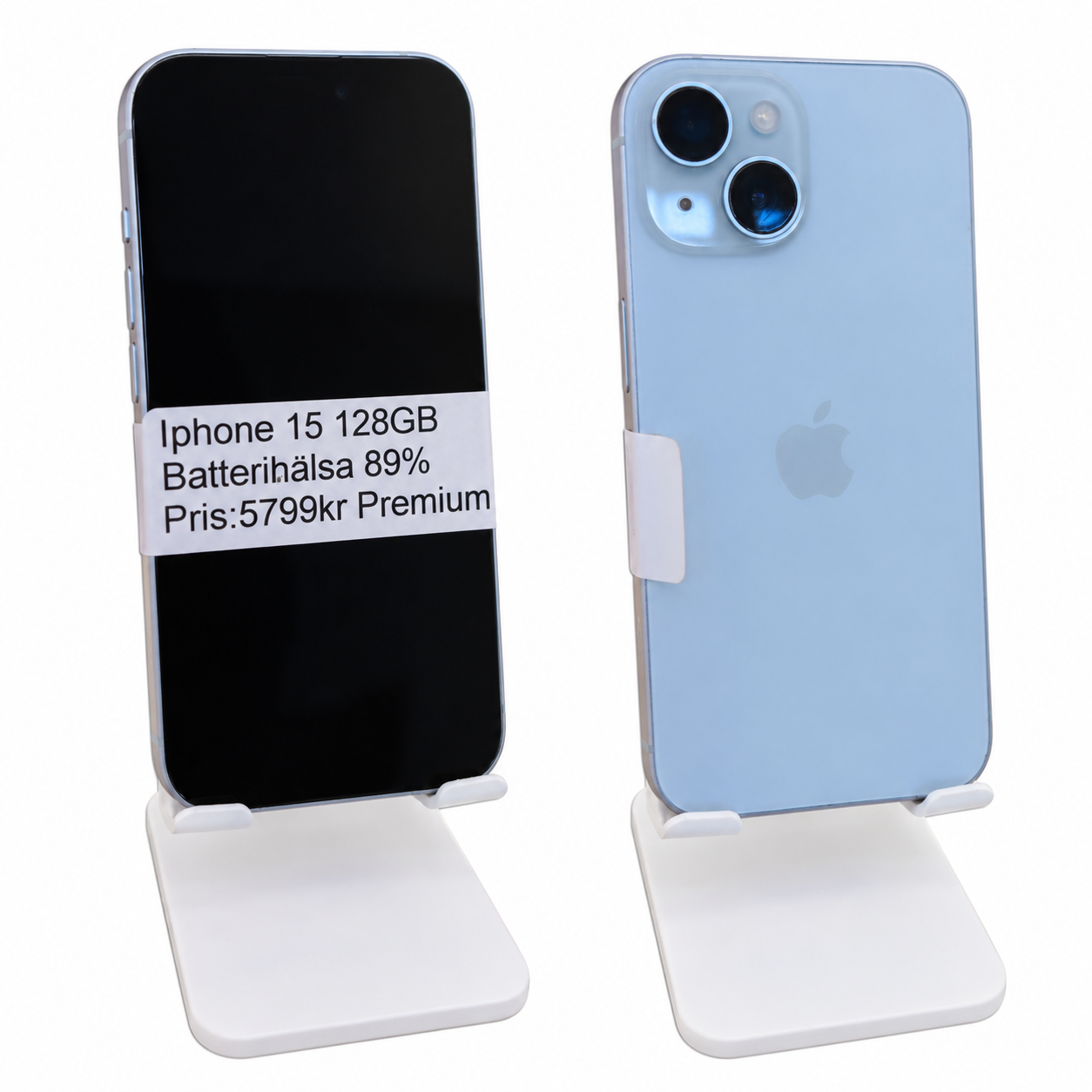 iPhone 15 128 GB blå Premium – fram- och baksida